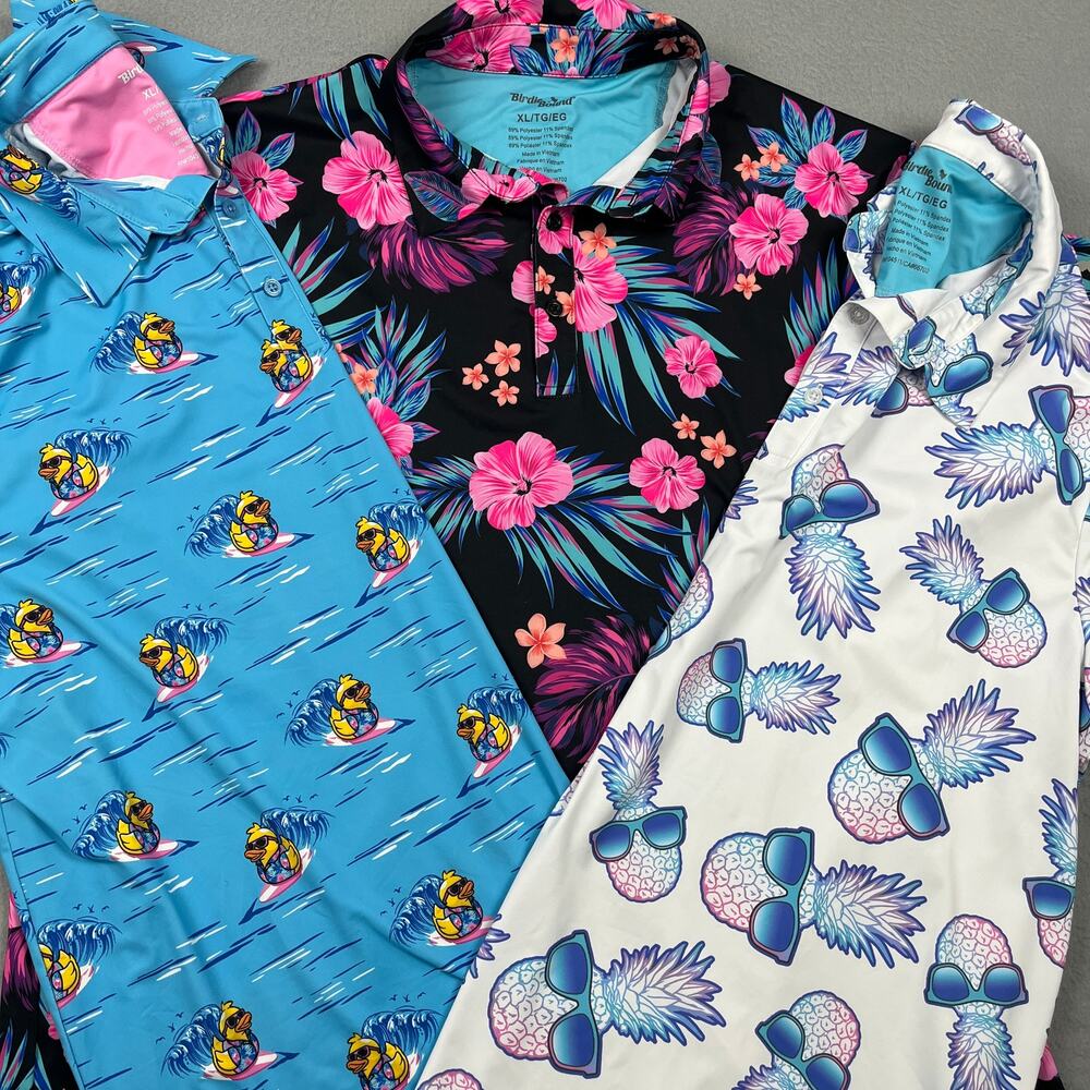 Birdie Bound Golf Polo Shirt Lot 3 Pack Surfing Duck Pineapple Floral Men's XL
